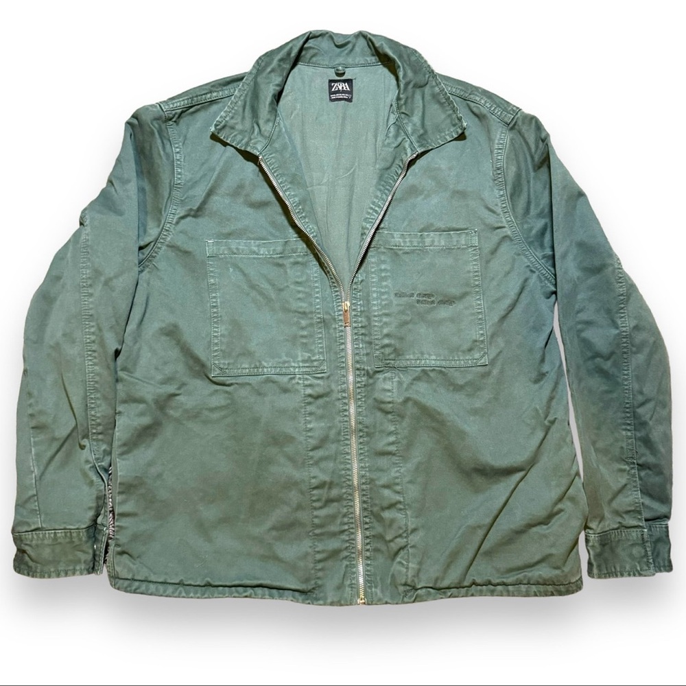 Zara Mens Denim Collection Jacket Sz XL Collared Full Zip Olive Utility Pullover
